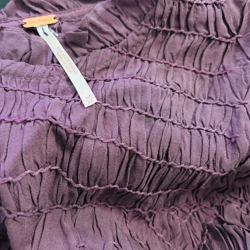 NEW Free People Smocked In Time Long Sleeve Top Plum Dark Academia Size Medium
